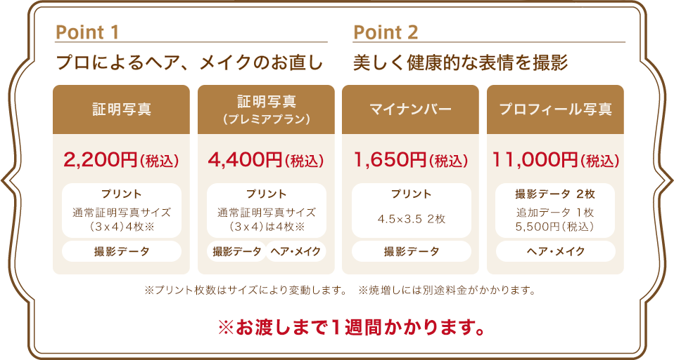 Point1プロによるヘア、メイクのお直し Point 2美しく健康的な表情を撮影※お渡しまで1週間かかります。3cm×4cm10枚撮影データ付き¥2,000~(税別)3.5cm×4.5cm8枚 撮影データ付き¥2,000(税別)※焼増しには別途料金がかかります。