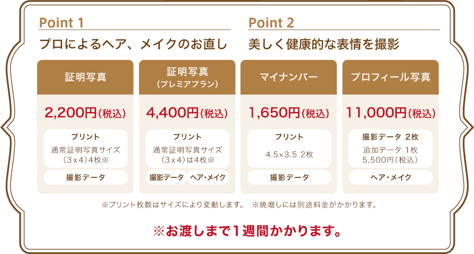 Point1プロによるヘア、メイクのお直し Point 2美しく健康的な表情を撮影※お渡しまで１週間かかります。３cm×４cm１０枚撮影データ付き￥2,000～（税別）３.５cm×４.５cm８枚　撮影データ付き￥2,000（税別）※焼増しには別途料金がかかります。